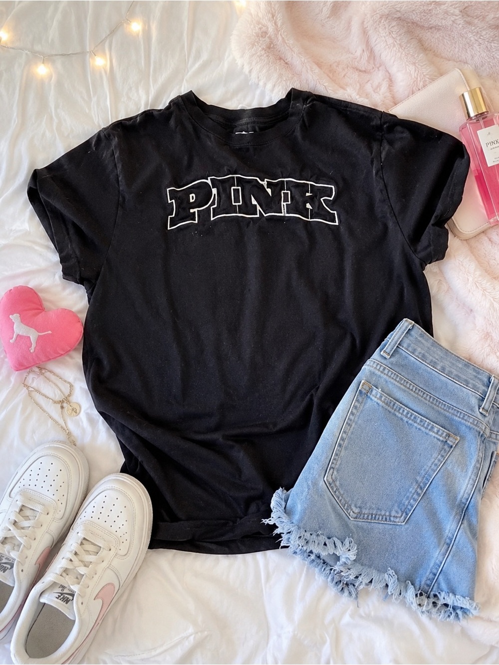 PINK Victoria's Secret Black Logo Short Sleeve Tee